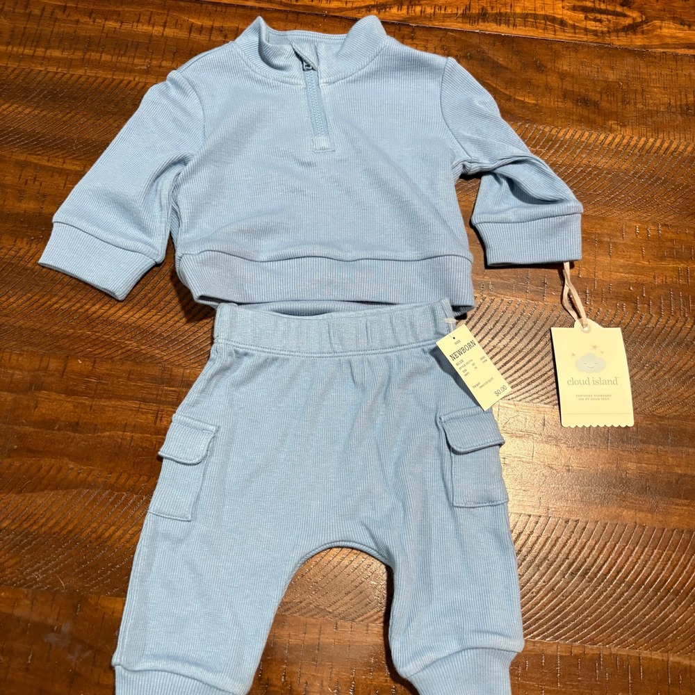 Cloud Island Newborn Baby Boy Ribbed Quarter Zip and Cargo Pants Set Blue G930R8